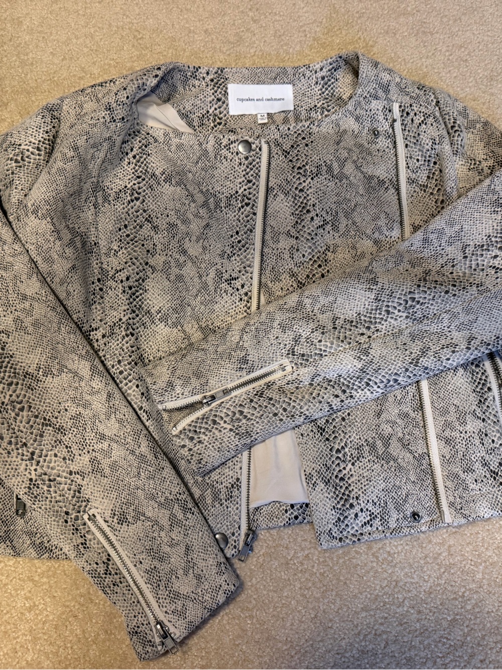 Cupcakes & Cashmere Snake-Print Biker Moto Jacket - Gray